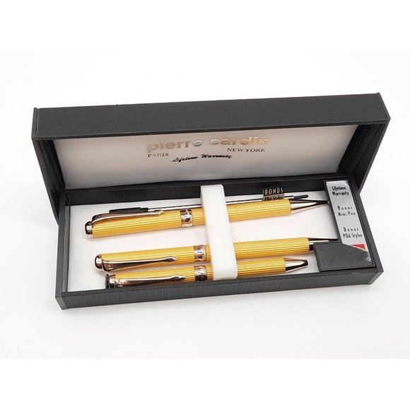 Vintage Pierre Cardin 4 Piece Pen,Pencil Set / New York & Paris Ribbed Gold Tone - Picture 1 of 4